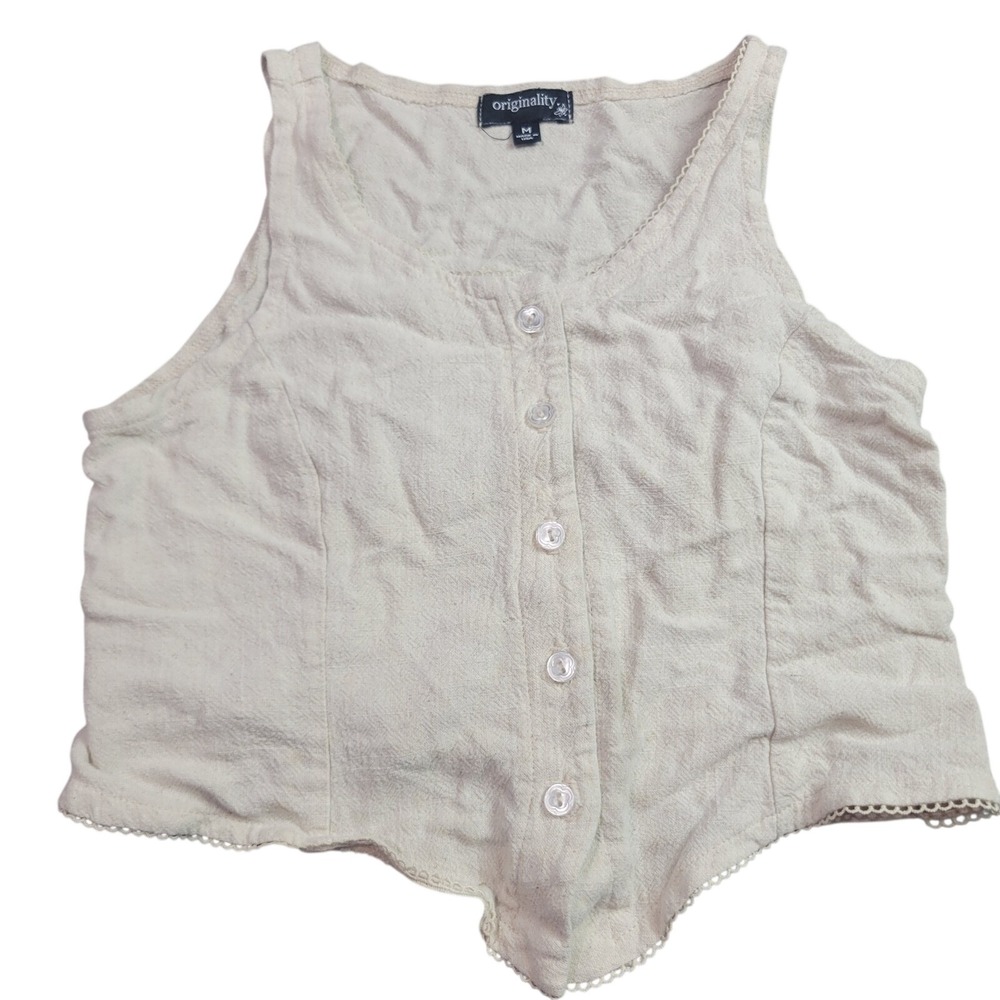 Originality Womens M Beige Linen Blend Button Front Smocked Back Crop Tank Top